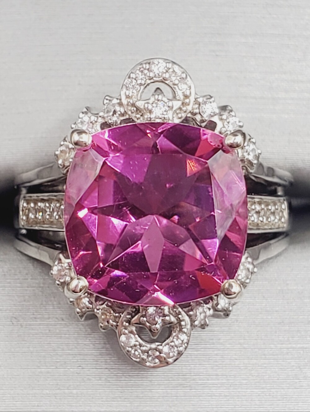 Cushion Pink Quartz & White Zircon Halo Bridal Wedding Ring Set Platinum - 925